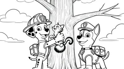 Zwart-wit kleurplaat met Paw Patrol helden Marshall (dalmatiër) en Chase (Duitse herder) die vrolijk spelen met een gestreepte kat bij een grote boom, met wolken in de lucht.