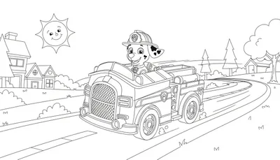 Kleurplaat van Marshall van Paw Patrol in zijn brandweerwagen, rijdend door een landelijk landschap met huizen, bomen en een lachende zon.