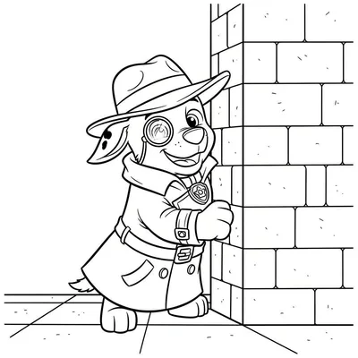 Kleurplaat van een vrolijke cartoon hond, Detective Chase, verkleed met fedora, trenchcoat en monocle, loerend om een bakstenen muur.
