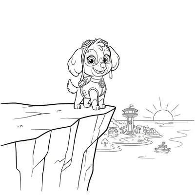Zwart-wit kleurplaat van Skye van Paw Patrol met pilotenbril en uniform, lachend op een klif. Op de achtergrond een kustlandschap met een Paw Patrol uitkijktoren, huisjes, een bootje en een zonsopgang of zonsondergang boven zee.