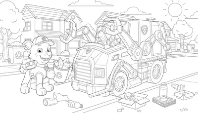 Kleurplaat van Rocky van Paw Patrol met recyclingemmer en truck, die afval sorteert in een woonwijk.