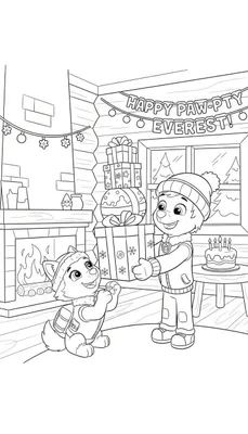 Zwart-wit Paw Patrol kleurplaat van Everest's verjaardag. Een pup geeft Everest een cadeau in een versierde winterse kamer met open haard, taart met kaarsjes, slingers en cadeaus.