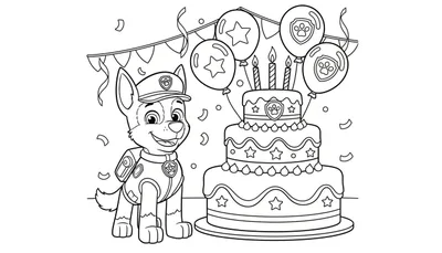 Kleurplaat van Paw Patrol hond Chase in politie-uniform, lachend naast een drielaagse verjaardagstaart met vier kaarsjes, versierd met Paw Patrol-emblemen, sterren en ballonnen. De afbeelding bevat ook een vlaggenlijn en confetti.