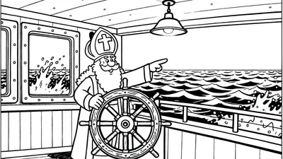 Zwart-wit kleurplaat van Sinterklaas aan het stuurwiel van een schip op een woeste zee. Sinterklaas lacht, draagt zijn mijter en wijst. Water spat op tegen de patrijspoort.