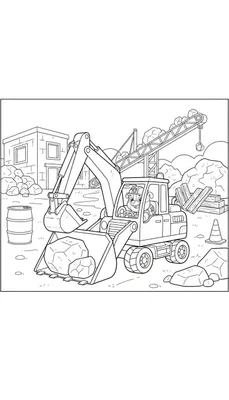 Zwart-witte kleurplaat van Rubble, de Paw Patrol hond, die lachend een wiellader met stenen bestuurt op een drukke bouwplaats.