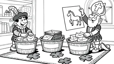 Kleurplaat van Sinterklaas die lachend een paardentekening toont, terwijl een knielende Piet verlanglijstjes sorteert in rieten manden, omringd door boeken, cadeaus, een sterraam en een kleed met klavertjes.