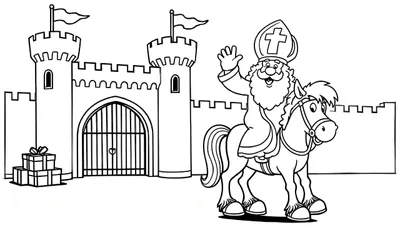 Zwart-wit kleurplaat van Sinterklaas op een paard, zwaaiend, met een mijter en lange baard. Op de achtergrond een kasteel met torens en vlaggen, en stapel cadeaus links van de poort.