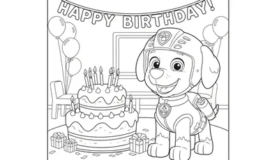 Kleurplaat van lachende Marshall van Paw Patrol in brandweeruniform bij een verjaardagstaart met elf kaarsjes, cadeautjes en ballonnen.