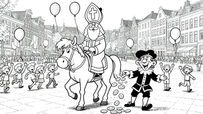 Kleurplaat van de Sinterklaas intocht: Sinterklaas op zijn schimmel met Zwarte Piet die pepernoten strooit, omringd door vrolijke kinderen en een menigte langs traditionele Nederlandse grachtenpanden onder ballonnen.