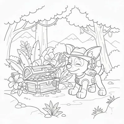 Zwart-wit kleurplaat van Tracker de hond (Paw Patrol) met een schatkist vol munten in een jungle-omgeving.