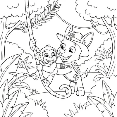 Kleurplaat van Paw Patrol's Tracker in safari-uniform met vrolijke glimlach, die een lachend aapje omarmt dat aan een liaan hangt. Achtergrond toont een weelderige jungle met bladeren en boomstammen.