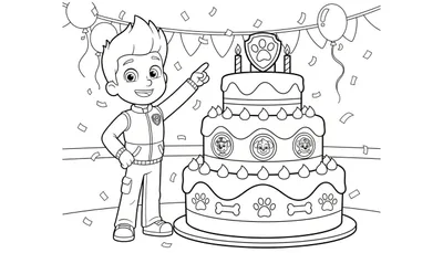 Kleurplaat van Ryder van Paw Patrol op een verjaardagsfeestje met een grote drielaagse taart, Paw Patrol pups, ballonnen en confetti.