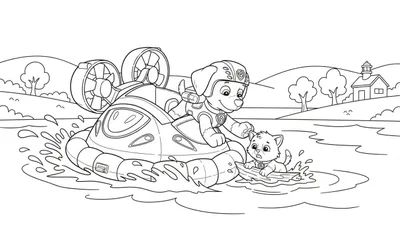Kleurplaat van Zuma van Paw Patrol in een hovercraft die een geschrokken katje op een boomstam uit het water redt, met een heuvellandschap en een huisje met torentje (vuurtoren) op de achtergrond.