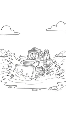 Zwart-wit kleurplaat van Rubble uit Paw Patrol, lachend in zijn bouwvoertuig dat door opspattend water rijdt, met stenen aan de zijkant en twee wolken in de lucht.