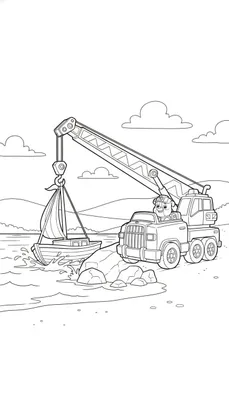 Zwart-wit lijntekening van Rubble van Paw Patrol in een kraanwagen die een zeilboot uit het water tilt. Er spettert water rond de boot. De kraanwagen staat op een oever met rotsen. Op de achtergrond zijn heuvels en wolken te zien.
