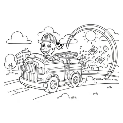 Kleurplaat van Marshall van Paw Patrol, een vrolijke brandweerhond met stippen en helm, rijdend in zijn brandweerwagen. Op de achtergrond een gebouw, boom, wolken en een boog waaruit sterren en ballonnen vallen.