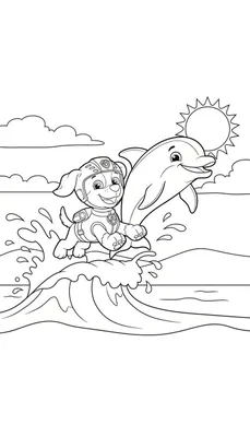 Kleurplaat van Zuma van Paw Patrol met helm en reddingsvest, springend uit een golf samen met een lachende dolfijn. Zonnige dag op zee met wolken en zon.