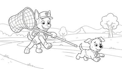 Kleurplaat van Paw Patrol's Chase, lachend rennend met een vangnet, en een blije puppy op een open veld met heuvels en bomen op de achtergrond.
