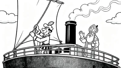 Zwart-wit kleurplaat van Sinterklaas en Piet op een stoomboot. Sinterklaas zwaait lachend, Piet trekt aan een touw en rook komt uit de grote schoorsteen.