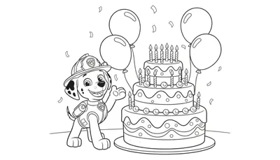 Kleurplaat van Marshall de Paw Patrol dalmatiër brandweerhond in uniform, lachend en zwaaiend naast een drielaagse verjaardagstaart met 15 kaarsjes, omringd door ballonnen en confetti.