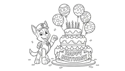 Kleurplaat van Chase van Paw Patrol die zwaait naast een drielaagse verjaardagstaart met vijf kaarsjes, ballonnen en confetti.