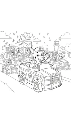Kleurplaat van Paw Patrol-figuren in een feestelijke optocht. Chase rijdt voorop in zijn politiejeep en zwaait. Achter hem rijden Skye en Marshall. Op een podium in de achtergrond spelen Rubble, Zuma en Rocky muziek, omringd door ballonnen en slingers. In de lucht zweven muzieknoten en confetti. Op