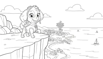 Kleurplaat van Skye (Paw Patrol) met pilotenbril en rugzak op een klif, uitkijkend over een kustlandschap met Paw Patrol uitkijktoren, huizen, weg, bootje en zeilboten op zee.