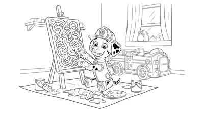 Zwart-wit kleurplaat van Marshall van Paw Patrol die vrolijk schildert aan een ezel, omringd door gemorste verf en schilderspullen, met zijn brandweerwagen in de achtergrond.