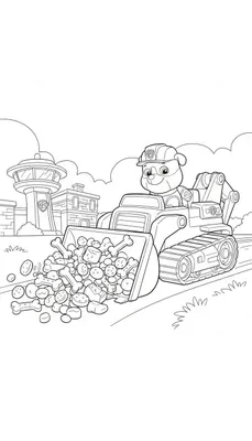 Kleurplaat van Rubble van Paw Patrol in zijn graafmachine met schep vol hondenbotten en hondenkoekjes, Paw Patrol uitkijktoren op de achtergrond.