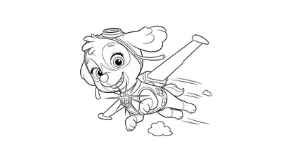 Zwart-wit kleurplaat van Skye van Paw Patrol die snel vliegt met een jetpack op haar rug, een vliegbril op haar hoofd en een grote, vrolijke glimlach.