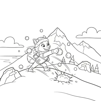 Kleurplaat van vrolijk, vos-achtig figuur (Everest) in winterkleding, slaat een sneeuwbal kapot op een besneeuwde heuvel, met bergen, dennenbomen en een iglo op de achtergrond. Het figuur lacht breed.
