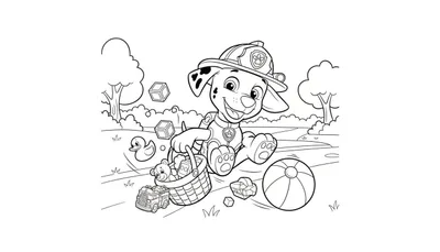 Zwart-wit kleurplaat van Marshall, de Paw Patrol brandweerhond, zittend in het gras met een mandje vol speeltjes en meer speelgoed verspreid eromheen. Achtergrond met bomen en struiken.