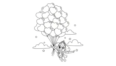 Kleurplaat van Skye van Paw Patrol, vliegend door de lucht met een vlieghelm, kroon en een tros hartvormige ballonnen, omringd door wolken en sterren.