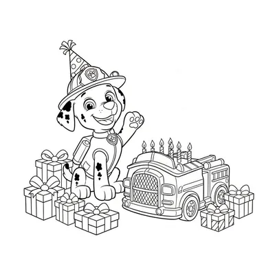 Zwart-wit kleurplaat van Marshall van Paw Patrol. Hij draagt een brandweerhelm met feestmuts, lacht en zwaait. Om hem heen liggen cadeaus en een versierde brandweerauto met kaarsjes, wat de sfeer van een verjaardagsfeestje uitstraalt.