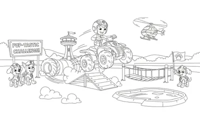 Zwart-wit Paw Patrol kleurplaat met Ryder op zijn quad die een schans oprijdt tijdens een 'Pup-tastische Uitdaging' hindernisbaan. Links juichen twee pups, rechts zwaait een pup met een vlag. Een helikopter vliegt boven en de Paw Patrol Toren is in de verte zichtbaar.