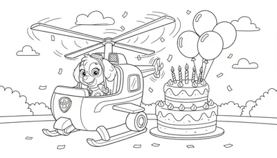 Zwart-wit kleurplaat van Paw Patrol's Skye in een helikopter, naast een tweelaagse verjaardagstaart met kaarsjes en vier ballonnen, met wolken en confetti op de achtergrond.