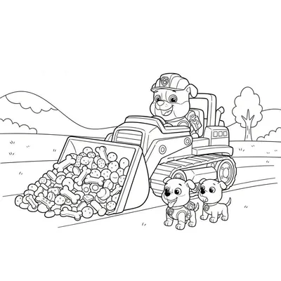 Kleurplaat van Rubble, een vrolijke pup met bouwhelm, die in een gele graafmachine zit die overvol is met hondenbotten en ronde hondensnacks. Naast de machine staan twee kleinere, enthousiaste pups toe te kijken in een landschap met heuvels en een boom.