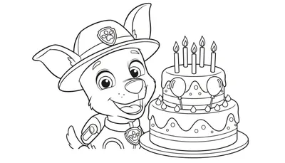 Zwart-wit kleurplaat van Paw Patrol pup Tracker met een feestelijke tweelagentaart, vijf brandende kaarsen, ballonnen en glazuurdruppels. Tracker kijkt blij naar de taart.