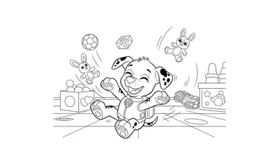 Zwart-wit kleurplaat van een vrolijke, lachende puppy (lijkt op Marshall van Paw Patrol) die springt tussen vliegend speelgoed zoals een voetbal, knuffelkonijnen en bouwblokken, met dozen en een speelgoedauto op de vloer.