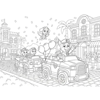 Paw Patrol kleurplaat van een feestelijke optocht. Chase rijdt voorop in zijn politiewagen met ballonnen, gevolgd door Marshall en Rubble. Skye vliegt boven een stadse straat met 'City Hall' en zwaaiende kinderen en confetti.