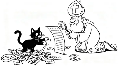 Kleurplaat: Sinterklaas knielt met vergrootglas bij een lijst met tekst, terwijl een zwarte kat speels met verspreide letterkaarten morrelt.