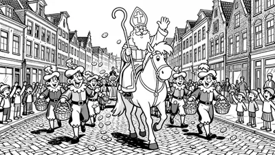 Kleurplaat van een feestelijke Sinterklaasoptocht: Sinterklaas op wit paard, zwaaiend, met vrolijke Pieten die pepernoten strooien aan enthousiaste toeschouwers voor typisch Nederlandse gebouwen met trapgevels.