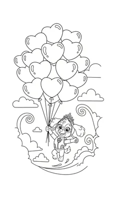 Zwart-wit kleurplaat van Skye van Paw Patrol met uniform en prinsessenkroon, zwevend met hartballonnen tussen krullende wolken.