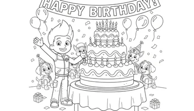 Paw Patrol kleurplaat: Ryder viert zijn verjaardag met Chase, Marshall, Skye en de andere pups rond een drielaagse taart, ballonnen en cadeautjes.