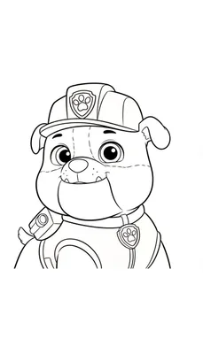 Zwart-wit lijntekening van Rubble van Paw Patrol, een lachende cartoonbulldog met bouwhelm, halsband en uniformdetails. Ideaal als kleurplaat.
