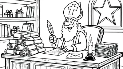 Zwart-wit kleurplaat van Sinterklaas in zijn studeerkamer, zittend aan een houten bureau. Hij schrijft met een veer, omringd door brieven, een brandende kaars en een boekenkast met cadeautjes. Hij draagt zijn mijter en lacht.