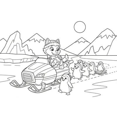 Zwart-wit kleurplaat van een vrolijke husky op een sneeuwscooter, gevolgd door pinguïns op een slee en te voet, in een besneeuwd berglandschap met ijsschotsen en een zon.