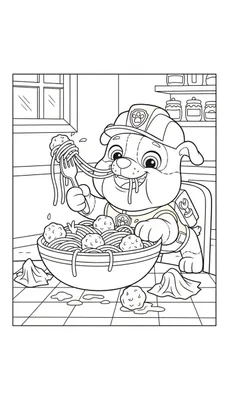 Zwart-wit kleurplaat van Rubble van Paw Patrol die spaghetti met gehaktballen eet en kwijlt, met rommel op de keuken vloer.