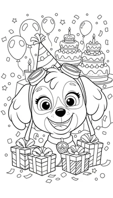 Zwart-wit kleurplaat van Skye van Paw Patrol, breed lachend met vliegbril op haar hoofd, die haar verjaardag viert. Achter haar staan twee stapeltaarten met kaarsjes en er zweven ballonnen. Op de voorgrond liggen cadeautjes en confetti, wat zorgt voor een vrolijke en feestelijke sfeer.