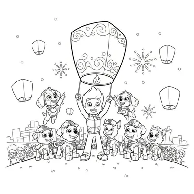 Kleurplaat van Paw Patrol lampionnenfeest met Ryder die een grote lampion vasthoudt en vrolijke pups, sterren en een stadssilhouet op de achtergrond.